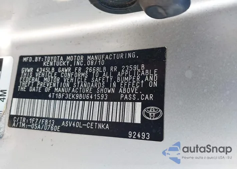 2011 Toyota Camry Le from USA, damaged, VIN 4T1BF3EK9BU641593